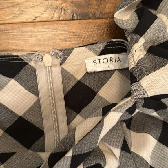 Storia Gingham Babydoll Dress Plaid Mini Black & White Square Neck size L - Picture 2 of 4